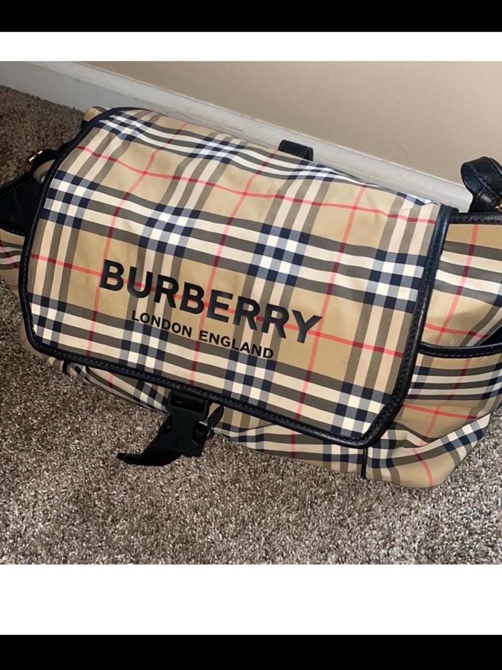 Burberry Beige Check Diaper Bag Bag with Black Trim 100% authentic